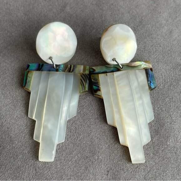 Carved Mother of Pearl and Abalone Shell Earrings - Picture 3 of 13